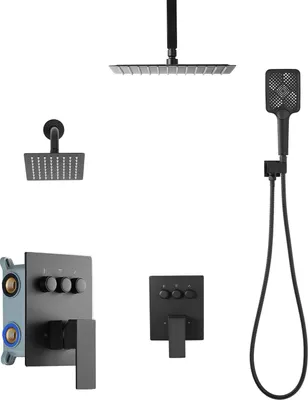 Image de SucceBuy Ensemble de douche avec pomme de douche à effet pluie de 12 pouces / pomme de douche à montage mural de 6 pouces / douchette à main 4 en 1, double pommeau de pluie pivotant (3 modes), vanne en laiton et kit d'habillage, noir mat