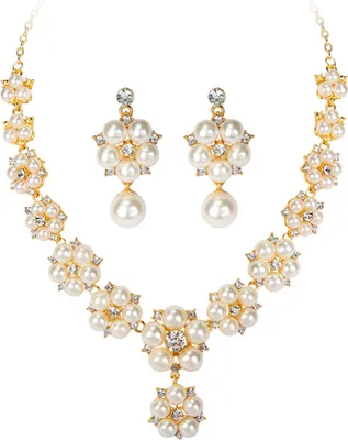 Produktbild von 1 Set Braut Halskette Ohrringe Kit Kunstperle Blume Strass Elegant Luxus Hypoallergen Frauen Mädchen Halskette Baumeln Ohrringe Hochzeit Schmuck Geschenk
