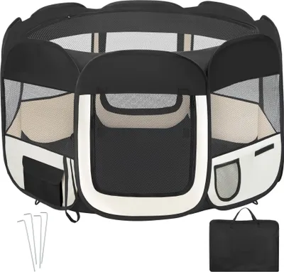 A black and tan foldable pet playpen is shown from a front-facing angle on a white background. Accessories like stakes and a carrying bag are also visible.