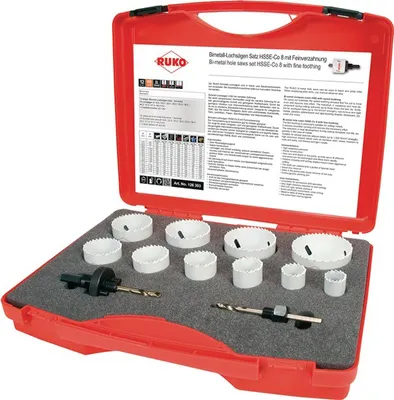 Image de RUKO 126303 Hole saw set 12-piece 19 mm, 22 mm, 25 mm, 29 mm, 35 mm, 38 mm, 44 mm, 51 mm, 57 mm, 64 mm cobalt 1 Set