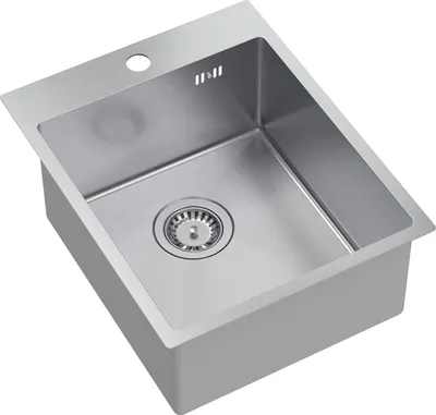 A stainless steel kitchen sink with a drain and faucet hole.