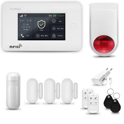 Produktbild von HUXGO HXA006 Alarmanlage Haus WiFi + GSM 4G mit Funk Sirene, Alarm System mit 1x Bewegungssensor und 3x Tür- Fenstersensor, für Wohnung, Haus