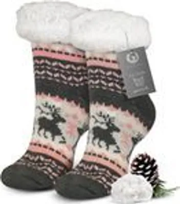 Produktbild von Burning Bird - Hüttensocken Kuschelsocken Stoppersocken Einheitsgröße 39-42 - flauschig warm gefütterte Socken - ABS Anti-Rutsch Noppen - Weihnachtssocken, Wintersocken, Wollsocken (Rentier Grau)