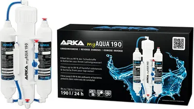 A product shot of a water filter system and its packaging.