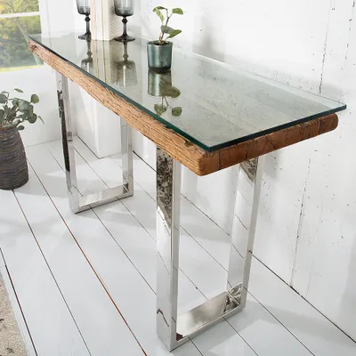 Produktbild von Massive Konsole BARRACUDA Teak mit Stahl Kufenfüßen 120 cm mit Glasplatte Glas Massivholz Konsolentisch