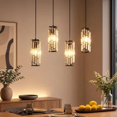 Produktbild von Dimmbar Kristall LED Pendelleuchte, 4-flammiger Kronleuchter mit E27 Bulbs, Höhenverstellbare Hängelampe für Wohnzimmer, Küche, Esszimmer