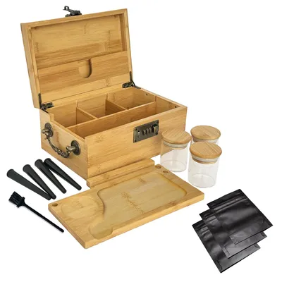 Productafbeelding van Bambusdoos met cijferslot en accessoires, 3 geurneutrale glazen, 4 tubes, roltablet, kwast, geurneutrale zak – accessoire set voor kruiden