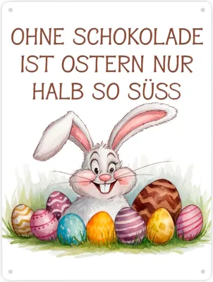 Produktbild von Fröhlicher Hase mit Ostereiern Metallschild XXL in 28x38 cm - Ostern ohne
