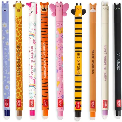 Produktbild von LEGAMI radierbare Gelschreiber zum Sammeln im 9er Set Kitty, Einhorn, Giraffe, Bunny, Corgi, Tiger, Schmetterling, Biene und Hippo