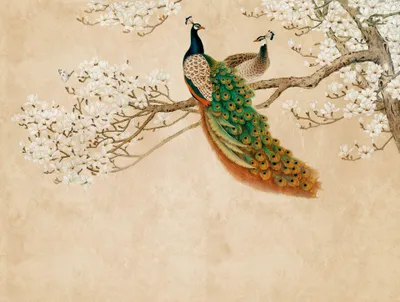 Produktbild von Fototapete Vlies 38236-1 The Wall Kirschblüte und Pfau Asien Style 7-tlg. 371 x 280 cm