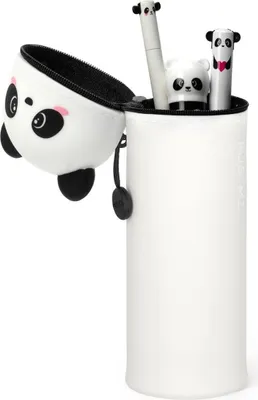 A white cylindrical pencil holder with a panda-shaped pencil case attached to the side. Three panda-themed pens are inside the holder.