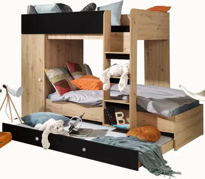 Produktbild von Etagenbett für Kinder SMART 2 Stockbett mit Treppe, DREI Schlafplätze (Smart 2 - Artisan Eiche + Schwarz matt)