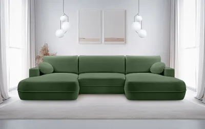 Obrázek produktu pro DomoHome FUEGO volně stojící rohová pohovka ve tvaru U - zelená 364x164x87cm - obývací část s funkcí spaní-304x140cm a lůžková skříň - moderní designová pohovka v potahové látce Bubble