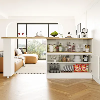 Productafbeelding van Draaibaar keukenblok, 360 graden, witte keukenkast van MDF met glazen schuifdeur, open planken, lades en kastdeuren, 90 x 45 x 100 cm