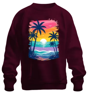 Productafbeelding van Retro palmen, strand, zonsondergang, zomer, vakantie, oceaan, sweatshirt, trui, bordeauxrood, 3XL