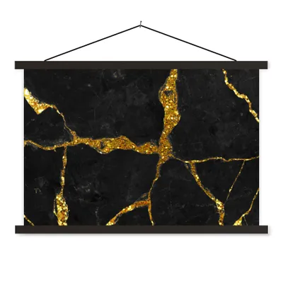 Produktbild von MuchoWow® Textilposter Marmor - Gold - Schwarz - Marmoroptik - Glitter 90x60 cm mit schwarzem Rahmen - Aufhängungssatz