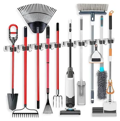 Produktbild von 2er-Pack, Besenhalter, Besen- und Mopphalter, Besen- und Mopphalter zur Wandmontage, 5 Regale mit 4 Haken, für Waschküche, Garage, Garten, Badezimmer