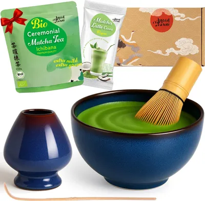 Zdjęcie produktu dla Zestaw do ceremonii herbaty Matcha "Safaia" z czarka, miotelka, stojakiem i proszkiem matcha + kokosowym latte – japonski zestaw dla poczatkujacych