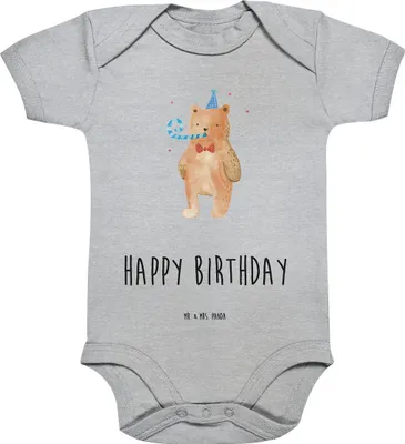 Produktbild von Mr. & Mrs. Panda babykleidung body Bär Geburtstag 3. - 6. Monat - Heather Grey - Geschenk, Kurzarmbody, Babystrampler, Strampler Baby, overall, Alles Gute, Teddy