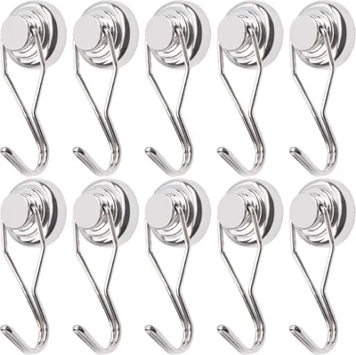 Produktbild von Magnethaken Extra Stark 20kg Neodym Magnete mit Haken 25mm Drehhaken Stanzfrei für Eisentüren Kühlschränke Küchen Kleiderablage Büro Magnet Haken Groß Silber 10 Stück