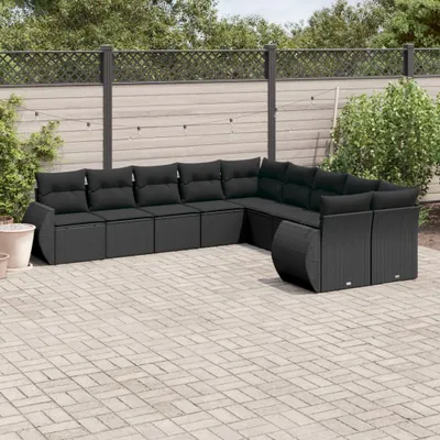 Produktbild von Design 10-tlg. Garten-Sofagarnitur mit Kissen Schwarz Poly Rattan, Gartenmöbel-Sets 2024 Neu
