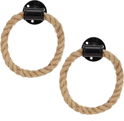 Produktbild von 2er Set Industrial Rohr Handtuchhalter mit Seil für Badezimmer | rustikaler Wandhalter oder auch als Möbelgriff  / Schrankgriff rund für Schubladenschränke, Kommoden | Handtuchring für die Wandmontage