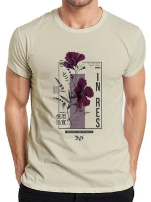 Immagine prodotto di Maglietta da uomo con stampe di ibisco, lavanda, fiori, stile giapponese, ispirata agli anni 2000, taglia S, colori naturali