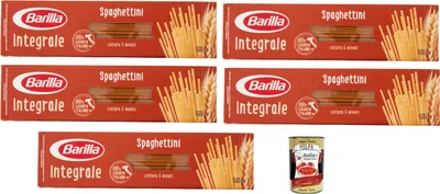 Produktbild von Barilla Integrale Spaghettini – Vollkorn Hartweizennudeln, dünne Spaghetti – 100% Vollkorn, ballaststoffreich – al dente 5 Min – ideale Form für Saucen & Pesto 5x 500 g + Italian Gourmet polpa 400g