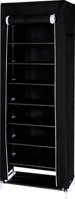 A black fabric shoe rack with multiple shelves.