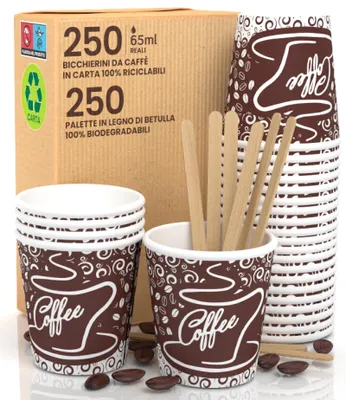 250 Pappbecher 65 ml + 250 Rührstäbchen, biologisch abbaubar