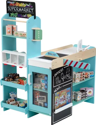 Produktbild von Theo Klein 9391 Supermarkt, Holz (MDF) I Moderner Kaufmannsladen inkl. Kasse, Schranke, Kreidetafel und Zubehör