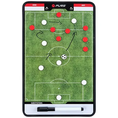 A soccer coaching board with magnetic pieces and a marker.