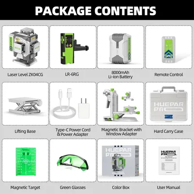 Productafbeelding van Kruislijnlaser 4D Hoge Precisie Zelfnivellerende Groene Laser met 8000mAh Accu en Laserontvanger