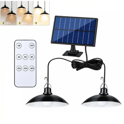 Produktbild von Solar Hängeleuchte 2-flammig mit Fernbedienung – LED Solar Pendelleuchte Außen, 400 lm, dimmbar, Timer 3H/5H/8H, IP44, 2400 mAh Akku, für Gartenhaus,
