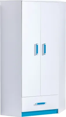 Produktbild von Furniture24 Eckkleiderschrank TRAFIKO 02, 2 Türiger Drehtürenschrank, Eckschrank mit 3 Einlegeböden, Kleiderstange und Schublade, Kleiderschrank für Jugendzimmer, Kinderzimmer Weiß/Türkis