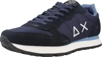 A close-up, side view of a blue and navy sneaker.