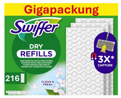 Image de Kit de recharges Swiffer pour nettoyant de sol, lingettes nettoyantes pour sol sèches, 216 pièces (6 x 36) mètres