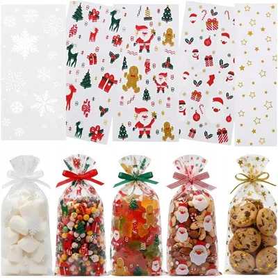 Produktbild von Weihnachtsbeutel 100 Stück 27x12,5 cm Zellophanbeutel Kekstüten Geschenktüten mit Weihnachtsmotiven