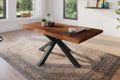 Produktbild von Esstisch 180 x 90 cm Akazie massiv nussbaum Baumkantentisch Spider-Gestell schwarz ATLAS