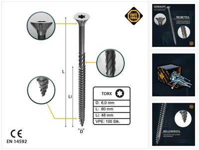 Produktbild von FORTE Tools Universal Holzschraube 6,0 x 80 mm T30 100 Stk. ( 000040113891 ) silber verzinkt Torx Senkkopf Teilgewinde