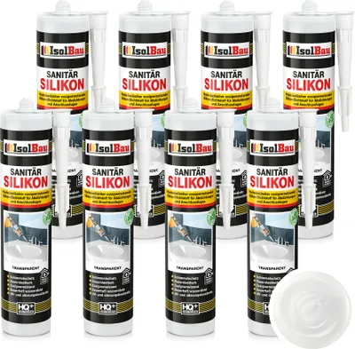 Produktbild von Isolbau Sanitär Silikon 8 x 300 ml Transparent - Hochelastischer Silikon-Dichtstoff für Abdichtungen & Fugen – Schimmelresistent, wasserdicht -  Kartusche