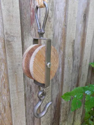 Produktbild von Flaschenzugrolle mit Haken Blumenampelhaken Kleiderhaken Eisen Holz an Seil 80cm