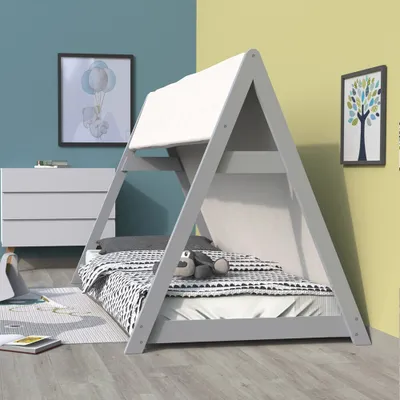 Produktbild von HAUSBETT TIPI/ Kinderbett 90x200 mit Stoff und Lattenrost- Grau