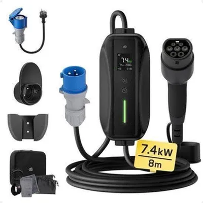 Zdjęcie produktu dla Kabel do ładowania samochodu, 7,4 kW, 8 metrów, wtyk Type 2 - Ładowarka do samochodów elektrycznych - Mobilna stacja ładowania - Do samochodów EV i PHEV - Przenośna, z adapterem Schuko