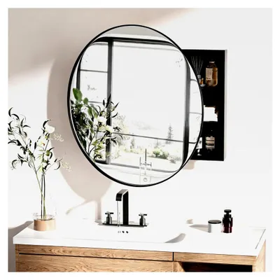 Produktbild von Hängender Spiegelschrank für das Badezimmer mit 2 Einlegeböden, runder Spiegel, Metall, 52x52x12,5 cm, Schwarz