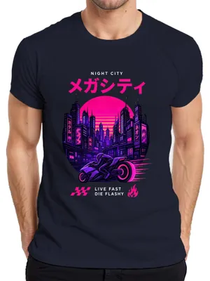 Immagine prodotto di T-shirt da uomo, stile cyberpunk, con scritta "Megacity", colori neon, ispirato al Giappone degli anni 2000, futuristico, colore blu navy, taglia 3XL