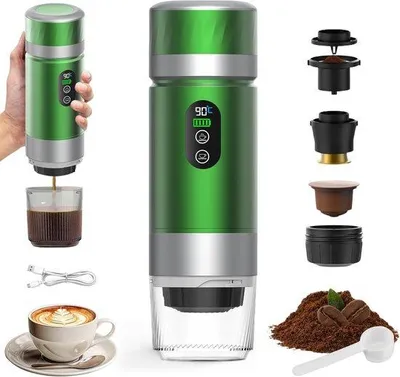 Obrázok produktu pre Prenosné 3-v-1 elektrické espresso zariadenie s funkciou nabíjania 12V – vhodné na cesty, do kancelárie a domova – kompatibilné s kapsulami na espresso a mletou kávou