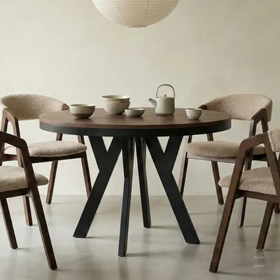 Image de Table ronde à rallonges pour la salle à manger, PERO avec un piètement à anneaux, style loft, scandinave, diamètre : 100 / 200 cm, couleur : Lefkas / noir