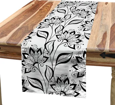 Produktbild von ABAKUHAUS Schwarz und weiß Tischläufer, Monochrome Blumenaufbau in dem von Hand gezeichnete Art mit Curly-Details, 40 x 180 cm, Schwarz und weiß