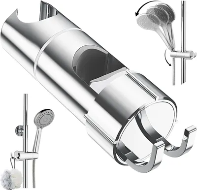 Produktbild von Duschkopfhalterung – ø 18–25 mm – Gleitstück für Duschstange – Handbrausehalterung – mit 2 Haken – Verstellbare Duschkopfhalterung – Silber